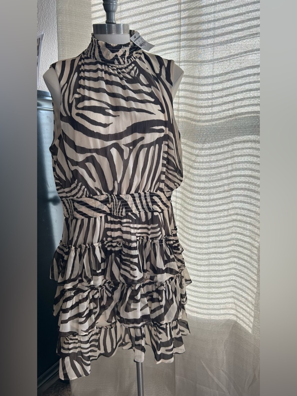 NWT!! Express XL Zebra Print Ruffle Sleeveless Mock Neck Mini Dress beige/brown